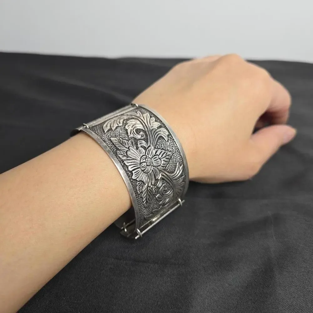 Vintage Peru 925 Sterling Silver Wide Floral Panel Bracelet Cuff 61g Artisan - Picture 8 of 9